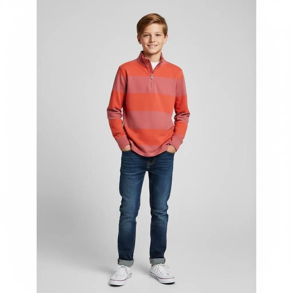 J. Crew Crewcuts Boys Red Orange Striped 1/4 Zip Long Sleeve Shirt Size 16 NWT